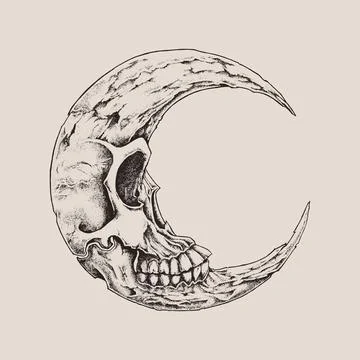 Crescent Skull Vector Illustration Hand-drawn Stippling Style Illustrazione stock