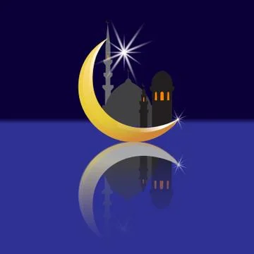 Crescent with a star and its reflection. Oriental City and its reflection. .. Stock Illustration