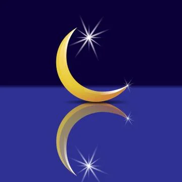 Crescent with a star and its reflection, with shadow. illustration Stock Illustration