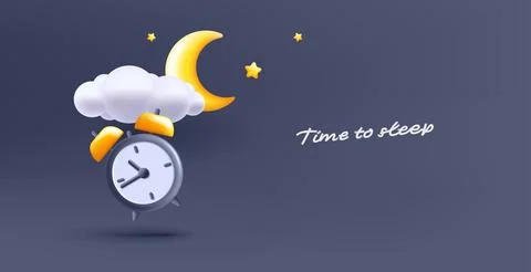 Crescent, stars, clouds, clock symbolizes moon in dark blue sky, 3d render .. Illustrazione stock