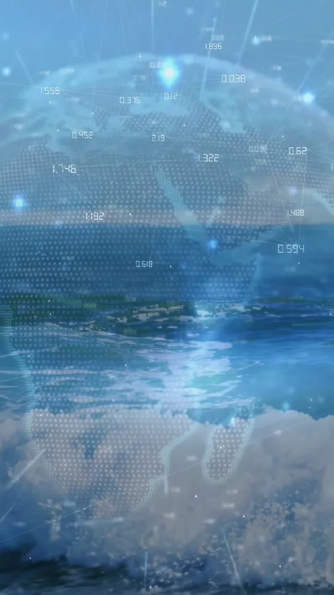 Cresting wave starting dotted globe tech HUD numeric data expanding beam echoing Stock Footage 334317260