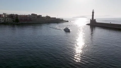 Crete, Greece - August 19, 2023 - View of Chania with the amazing lighthouse, mo Stock Footage 290955712