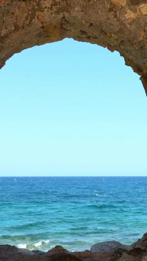 Crete Greece Hand held view from the harbor window to the sea (Mobile Video) Stock Footage 329168510