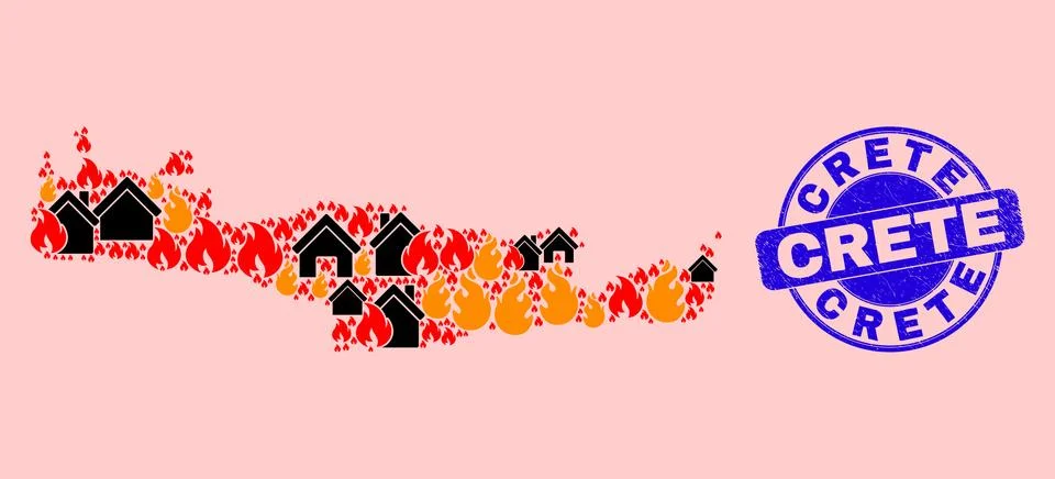 Crete Map Composition of Fire and Buildings and Grunge Crete Seal Ilustración de archivo