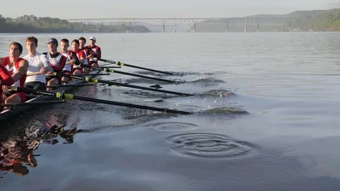 Crew boat team rowing on the Hudson Stock Footage 80660222
