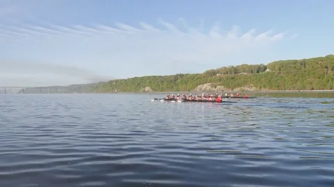 Crew Boats Down River Sunny Wide shot Stock Footage 80630755