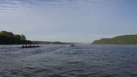 Crew boats view from the stern as they head downriver Stock Footage 80655272