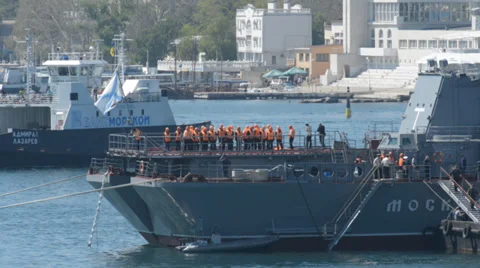 Crew on the deck of Russian cruiser Moskva anchored in the harbor of Sevastopol Stock Footage 37453236
