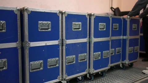 Crew loading Flightcases, Sound Light into the Truck. Concert Workers. Stock Footage 237462173