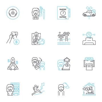 Crew member linear icons set. Dutiful, Dedicated, Reliable, Skilled, Resourceful Stock Illustration