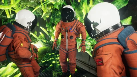 The crew members of the spacecraft are examining the airlock that has been Stock Footage 239756959