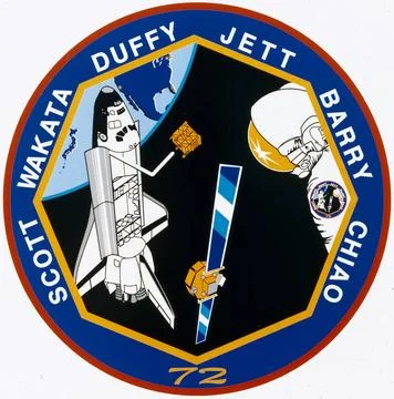 The crew patch of STS-72 depicts the Space Shuttle Endeavour and some of t... Stock Photos