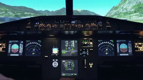 Crew pilot driving inside a plane for a flight simulator on an airport runway Video stock 237084654