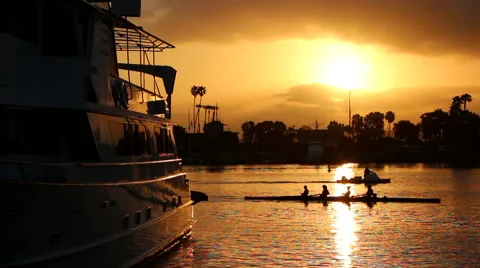 Crew Practice During Sunrise in Marina del Rey, CA (Rowing Practice) Stock Footage 50941705