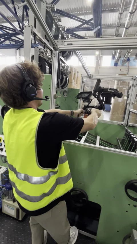 Crew records goods moving steadily on factory conveyor 動画素材 313866469