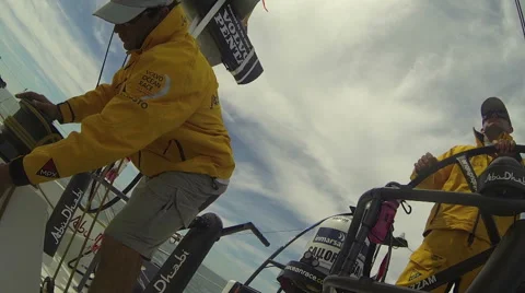 Crew of sailing boat during Volvo Ocean Race  Stock Footage 47967341