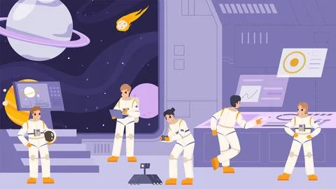 Crew on spaceship. Astronauts in spacesuits and pilot. Interstellar travelers Stock Illustration