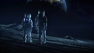 Crew of Two Astronauts in Space Suits Standing on the Moon. Stock Footage 86080505