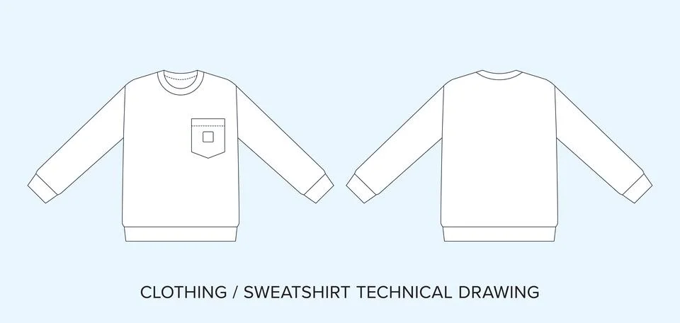 Crewneck Sweatshirt Technical Drawing Vector with Front and Back View Flat CAD Stock Illustration