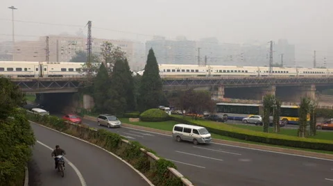A CRH Harmony bullet train runs through a rail bridge Stock Footage 42462508
