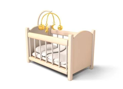 Crib with Mobile and Bedding 3d render. Stock-Illustration