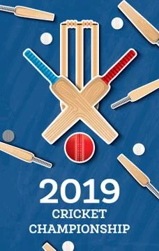 Cricket 2019 Flyer. Player Bat and Ball. Cricket Sports Background. Stock Illustration