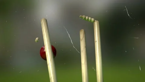 Cricket ball hitting stumps and dislodging bails in slow motion sport action Stock Footage 338240998