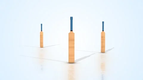Cricket Bats with Blue Handles on a Light Reflective Floor. Sports Bat 3D. 4K Stock Footage 296045959
