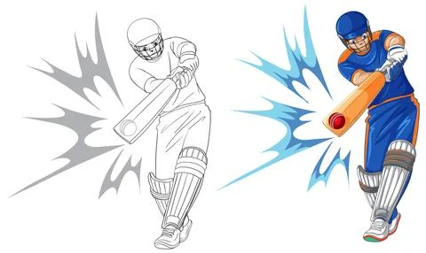 Cricket Batsman Hitting Ball with Impact Effect in Two Different Styles Stock Illustration