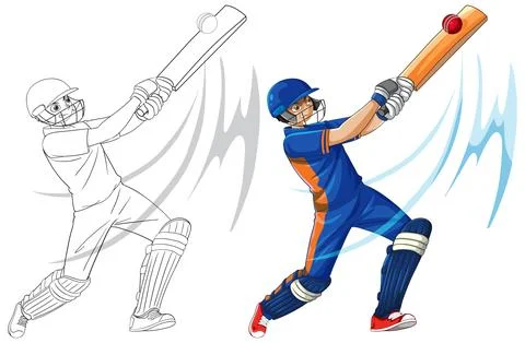 Cricket Batsman Hitting Ball Vector Illustration with Line Art Version Stock Illustration