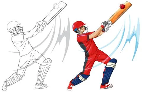Cricket Batsman Hitting Ball Vector Illustration in Color and Line Art Stock Illustration