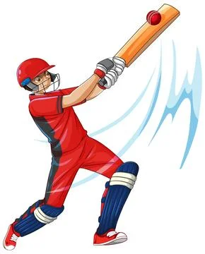 Cricket Batsman in Red Uniform Hitting a Ball with Power Stock Illustration