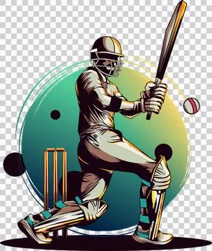 Cricket batsman is swinging bat in flat design with helmet, pads, ball, Stock Illustration