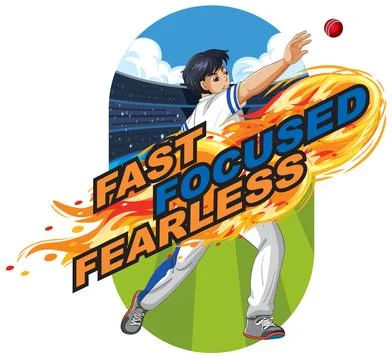 Cricket Bowler Throwing Ball with Fast Focused Fearless Text Overlay 库存插图