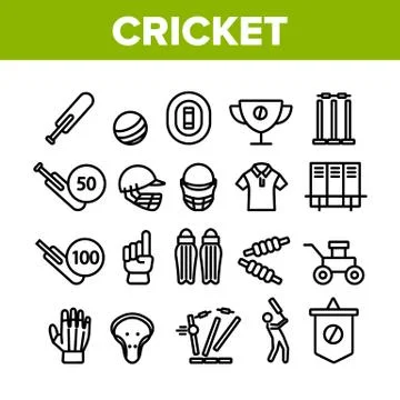 Cricket Collection Game Elements Icons Set Vector Stock Illustration