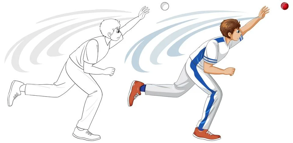 A cricket fielder throws a ball in this vector illustration with colored and  Stock Illustration