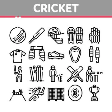 Cricket Game Collection Elements Icons Set Vector Stock Illustration