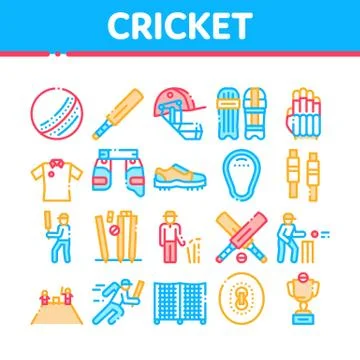 Cricket Game Collection Elements Icons Set Vector Stock Illustration