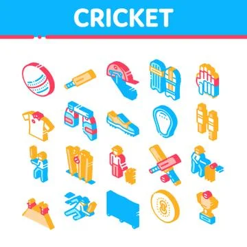 Cricket Game Isometric Elements Icons Set Vector Stock Illustration
