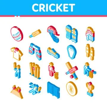 Cricket Game Isometric Elements Icons Set Vector Illustrazione stock