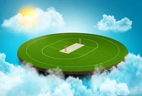 Cricket Ground in the Sky clouds moving sun light lens flare 3d illustration Stock Illustration