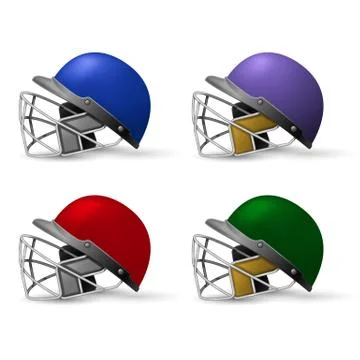 Cricket helmets set with protective grill, cricket headpiece side view Stock Illustration