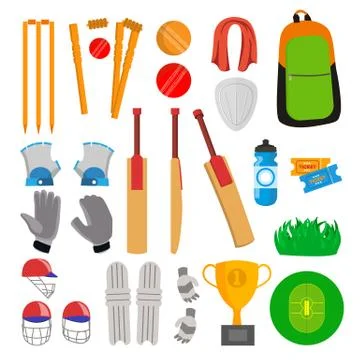 Cricket Icons Set Vector. Cricketer Accessories. Bat, Gloves, Helmet, Ball, Cup Illustrazione stock