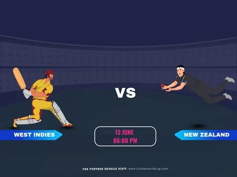 Cricket Match Between West Indies VS New Zealand Team with Their Batsman, B.. Stock Illustration