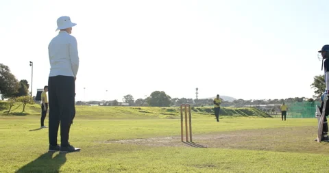 Cricket match in progress, bowler delivering ball to batsman on sunny field Stock Footage 297440560