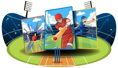 Cricket Match Vector Illustration with Batting Bowling and Fielding Cards Stock Illustration
