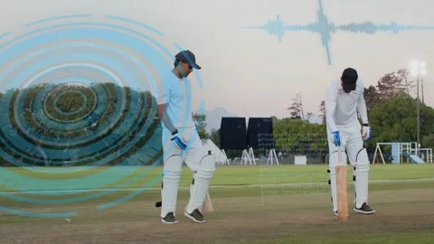 Cricket pair walking to crease, tapping bats, checking pads, circle and waveform Stock Footage 333594541