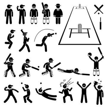 Cricket Player Actions Poses Stick Figure Pictogram Icons Stock-Illustration