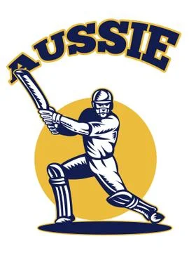 Cricket player batsman batting retro australia Stock Illustration