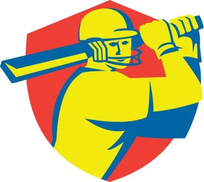 Cricket Player Batsman Batting Shield Retro Stock Illustration